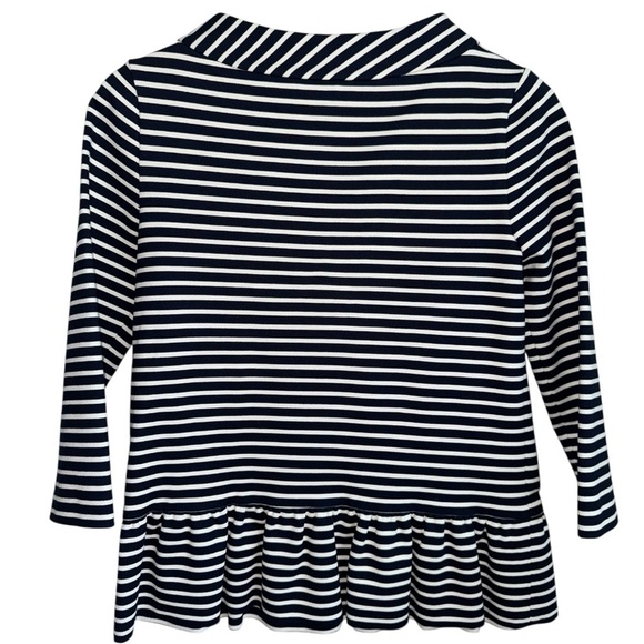 KATE SPADE Navy Blue Striped Peplum Top | Boat Neck 3/4 Sleeve w Pockets | Small - Picture 2 of 4